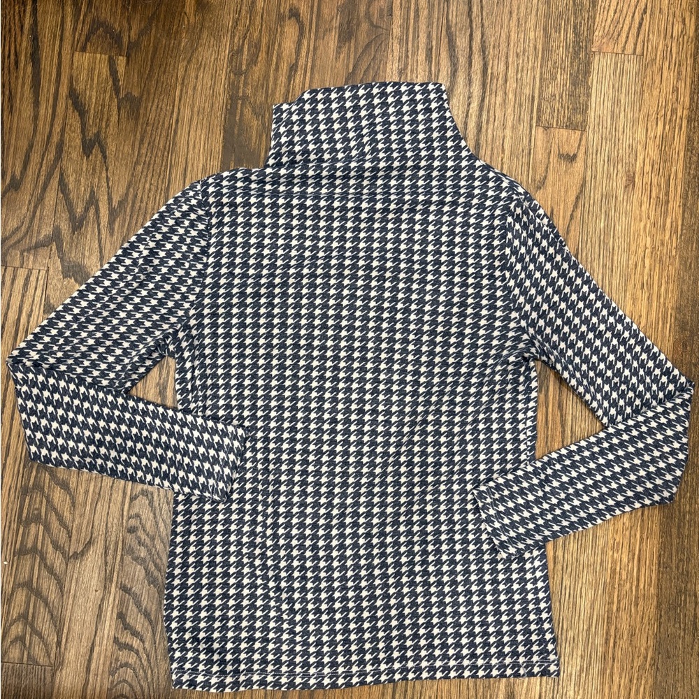 Ann Taylor Petite Turtleneck Long Sleeve Shirt, Blue Houndstooth, Size Small